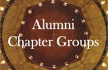 An image stating 'Alumni Chapter Groups' in the front and spherical backgrounds of dark red and mustard