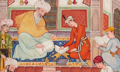 A School Courtyard (detail), folio from a manuscript of Akhlaq-i Nasiri (Ethics of Nasir) by  Nasir al-Din Tusi (d. 1274), Pakistan, Lahore, 1590–95, opaque watercolour, ink, and gold  on paper