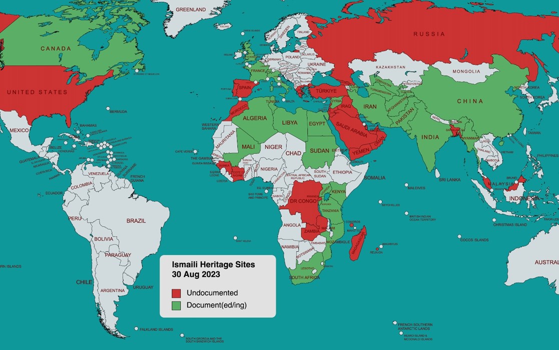 A world map, highlighting Ismaili heritage sites in countries in red and green colours
