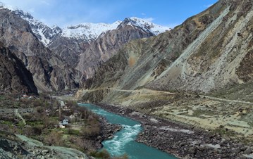 A bird eye view of Panj river with mountains on the side