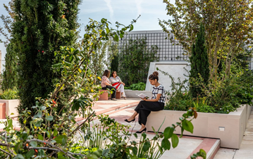 A rear view image of a girl (in the frame) reading and two women (in the blurry background) sitting in the terrace garden of AKC