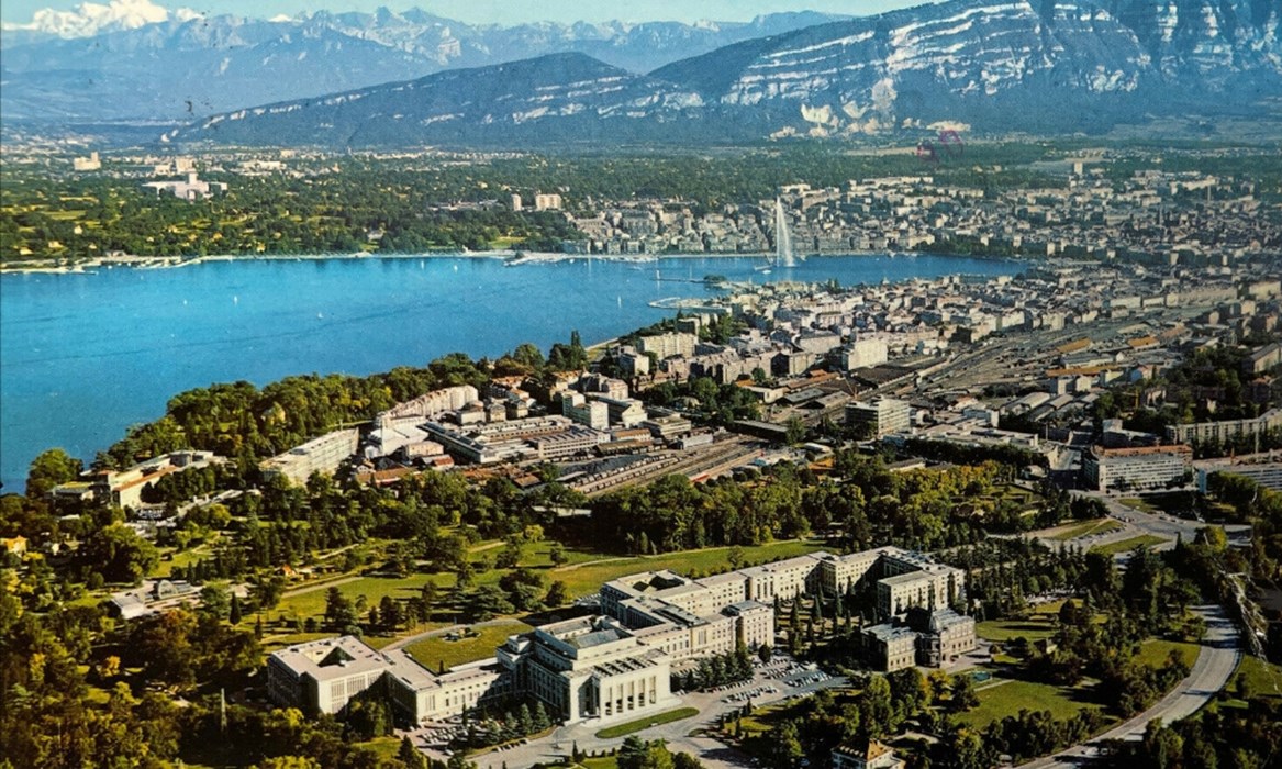  Looking southeast at the Palace of Nations at the bottom of the photo, with Lake Geneva and the French Alps in the backdrop