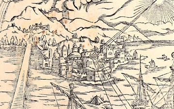 An outstanding sketch capturing basic features of a sea port with clouds, mountains and trees on the top front and buildings in a V shaped island, a bridge on the connecting the town on the left and ships floating near the harbour.