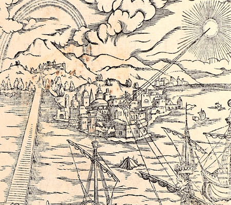 An outstanding sketch capturing basic features of a sea port with clouds, mountains and trees on the top front and buildings in a V shaped island, a bridge on the connecting the town on the left and ships floating near the harbour.