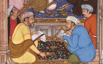 A colourful sketch with four Arab scholars sitting and working together, fifth on the left working on his own, while the sixth one on the right standing in a respectful posture, an image from olden times