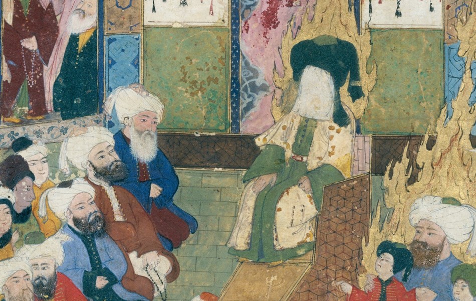 "Prophet Muhammad Preaching", Folio from a Maqtal-i Al-i Rasul of Lami'i Chelebi, late 16th c. Image credit: Met Museum.