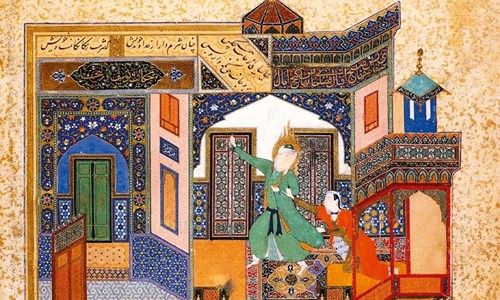 Yusuf fleeing the Advances of Zulaikha'' by Bihzad, folio from a ''Bustan'' of Sa'di. Herat, 1488. Darl al-Kutub, Adab farisi 22, f. 52b 