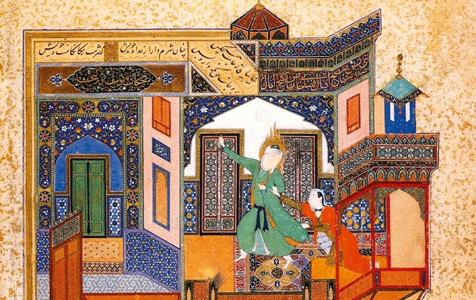 Yusuf fleeing the Advances of Zulaikha'' by Bihzad, folio from a ''Bustan'' of Sa'di. Herat, 1488. Darl al-Kutub, Adab farisi 22, f. 52b 