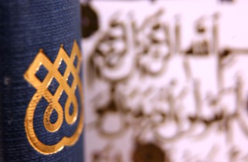 A side of a blue book cover with IIS logo on it. and some blurry Arabic background 