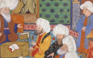 A colourful sketch of some men in white turbans sitting around a scholar listening to the teaching and two other men standing behind them.