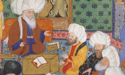 A colourful sketch of some men in white turbans sitting around a scholar listening to the teaching and two other men standing behind them.