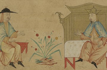 A sketch with one person sitting in a king chair and speaking with another person sitting in a normal chair, both look like Chinese