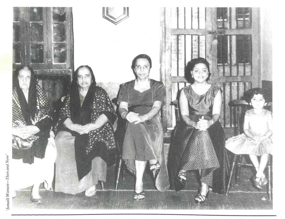 A b/w picture of five women from different generations sitting in a row depicting cultural evolution through their dressing styles