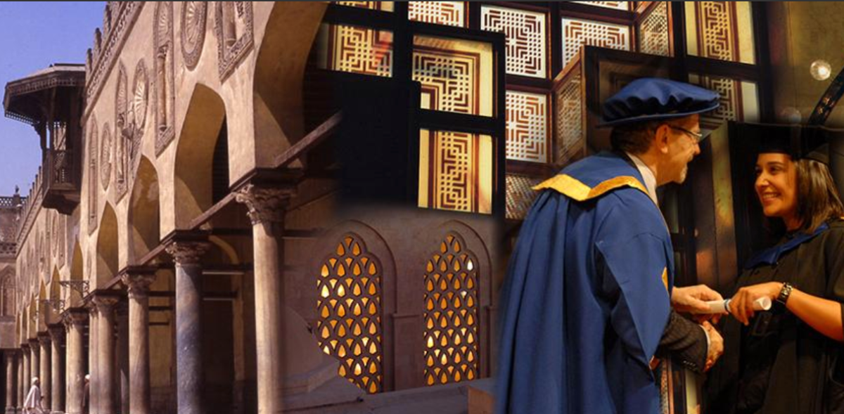 An image situated within an image: Outer image consists of monumental sides of pillars and walls with geographical designs, on its right is the second image overlapping with one dignitary congratulating another student/alumna while handing over an award to them