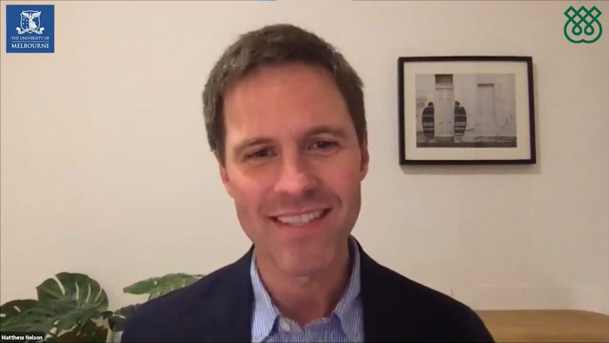 A screenshot from a webinar on Understanding Sharia, with a leading thinker in a suit addressing the virtual audience with Univerisity of Melbourne symbol on the top left and IIS logo on the top right corner