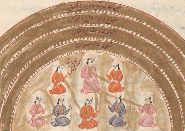 A semi circular disc with a group of people sitting together and some Arabic inscriptions around it.
