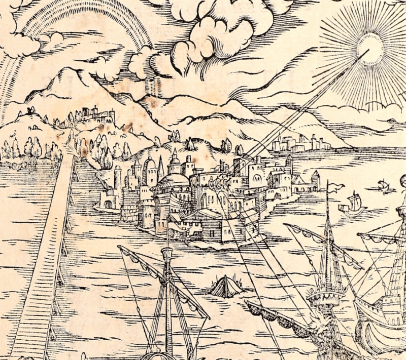 An outstanding sketch capturing basic features of a sea port with clouds, mountains and trees on the top front and buildings in a V shaped island, a bridge on the connecting the town on the left and ships floating near the harbour.