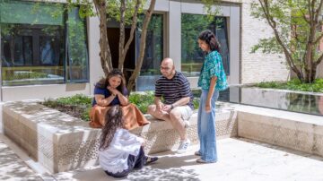 STEP students relaxing together in the first floor garden at Victoria Halls.