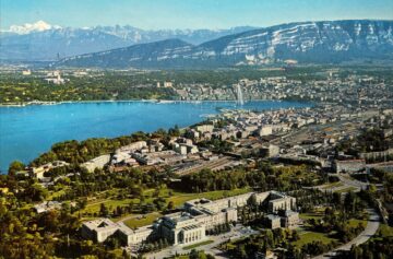 Looking southeast at the Palace of Nations at the bottom of the photo, with Lake Geneva and the French Alps in the backdrop.