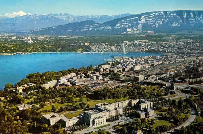 Looking southeast at the Palace of Nations at the bottom of the photo, with Lake Geneva and the French Alps in the backdrop.