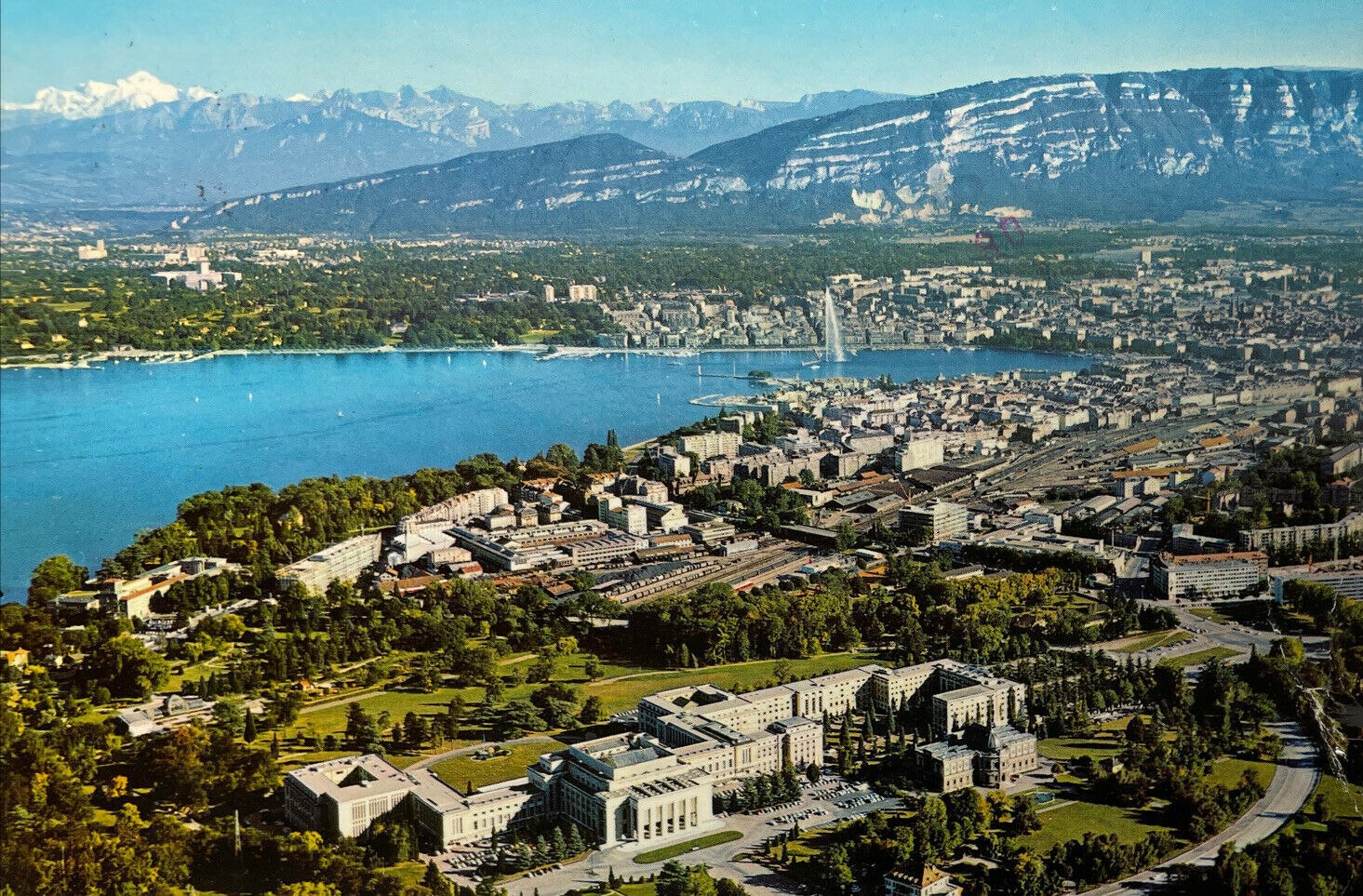 Looking southeast at the Palace of Nations at the bottom of the photo, with Lake Geneva and the French Alps in the backdrop.