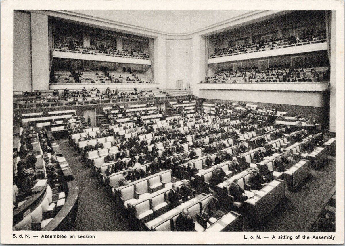 View of the 1937 Assembly of the League of Nations presided over by Aga Khan III.