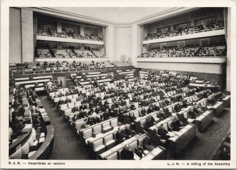 View of the 1937 Assembly of the League of Nations presided over by Aga Khan III.