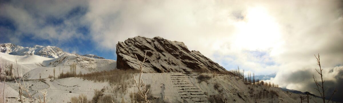 In winter, the remains of Alamut Castle, clinging to a crag above the Valley of Alamut