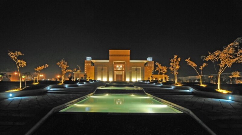 An evening view of the Ismaili Centre, Dushanbe.