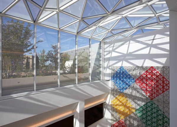 a glass ceiling with a colorful wall and a wall with a tree in the background