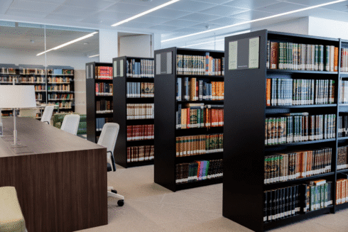 a library with books on shelves