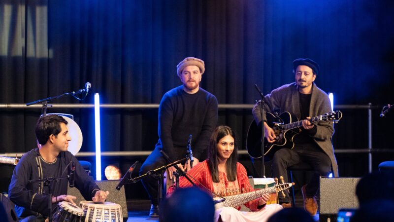 Musicians performing together on stage during the Freestage programme at the Aga Khan Music Awards 2025.