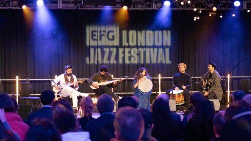 Musicians performing on stage during the Aga Khan Music Awards Freestage 2025 at Southbank Centre.