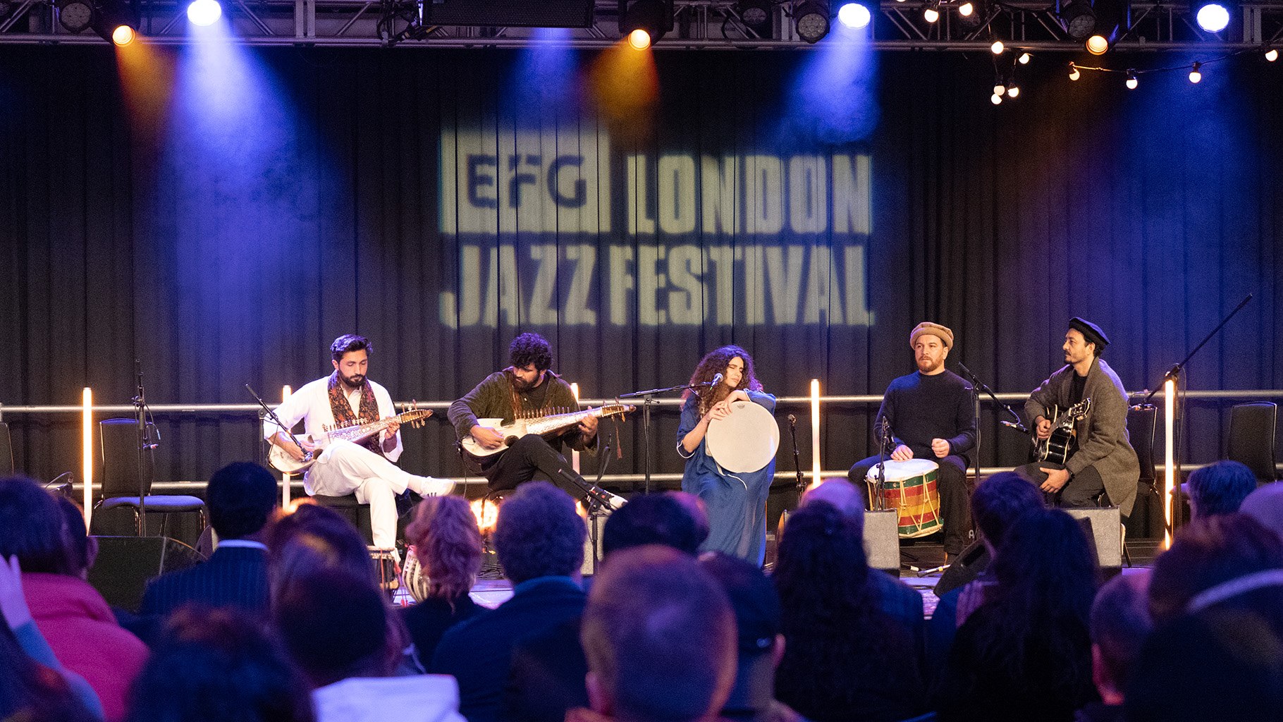 Musicians performing on stage during the Aga Khan Music Awards Freestage 2025 at Southbank Centre.