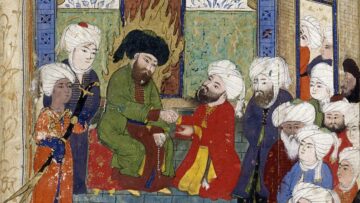Medieval Persian manuscript scene of scholars in discussion