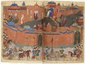 Historic siege with soldiers and buildings.