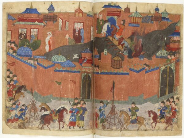 Historic siege with soldiers and buildings.