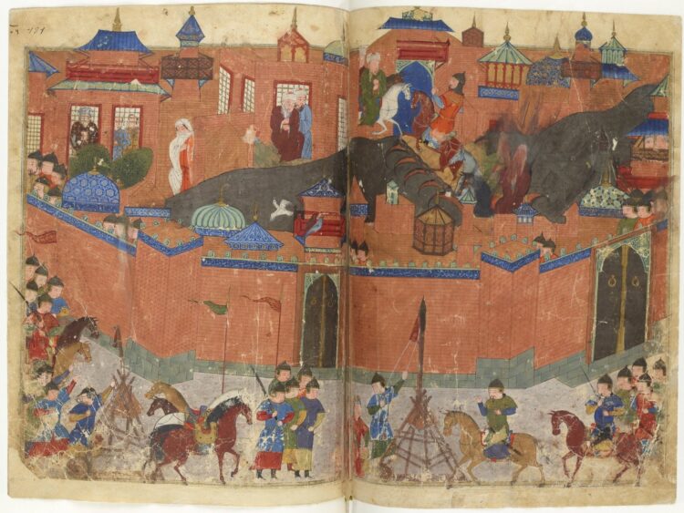 Historic siege with soldiers and buildings.
