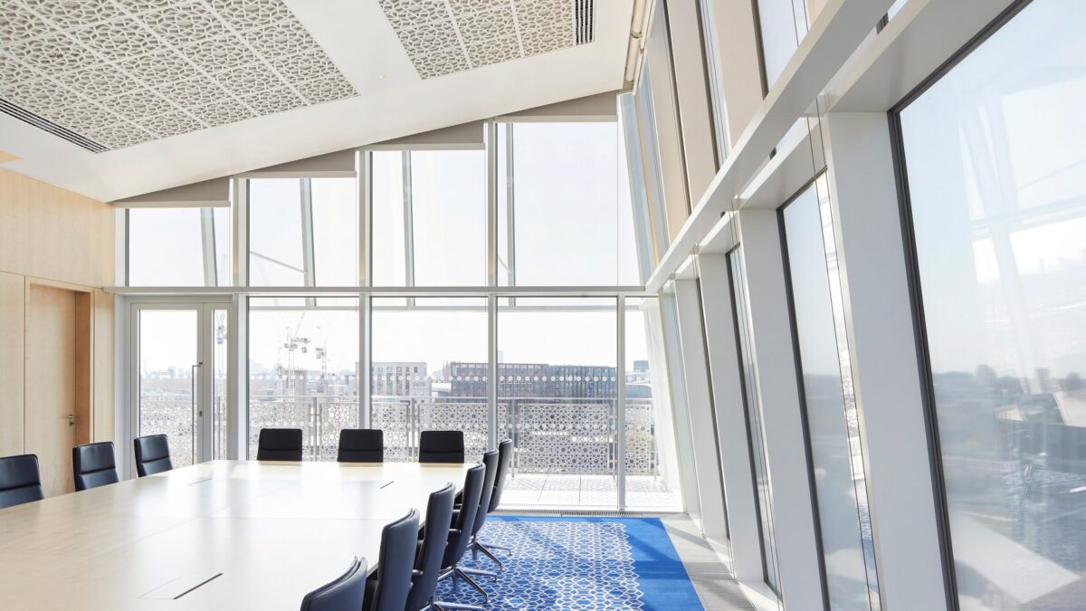 Modern conference room with large windows.