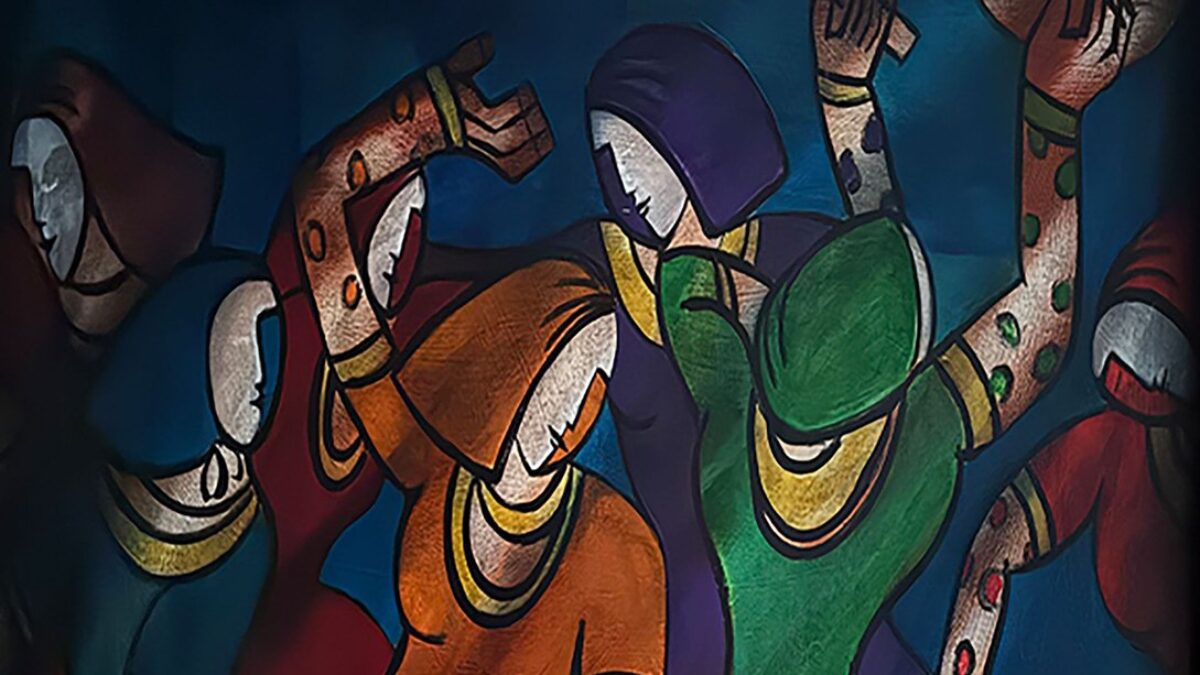 Stylised illustration of dancers in colourful clothing performing expressive movement in a theatrical composition for MENACASEA
