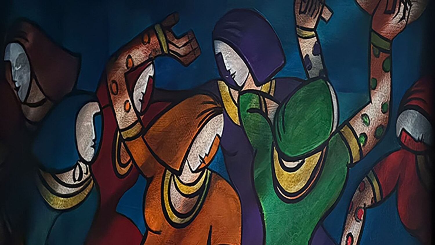 Stylised illustration of dancers in colourful clothing performing expressive movement in a theatrical composition for MENACASEA