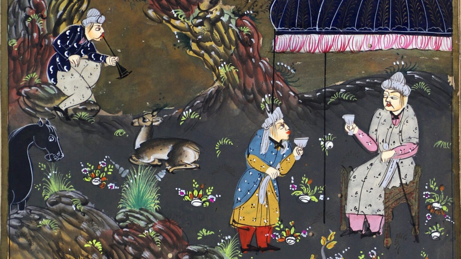 Illustrated folio from an Urdu commentary on Rumi’s Mathnawi depicting figures in a garden scene, early 19th century manuscript.
