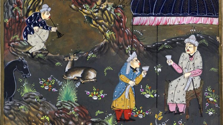 Illustrated folio from an Urdu commentary on Rumi’s Mathnawi depicting figures in a garden scene, early 19th century manuscript.