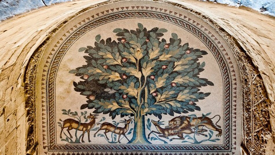 Ancient tree of life mosaic symbolising emotional flourishing and wellbeing in religious traditions