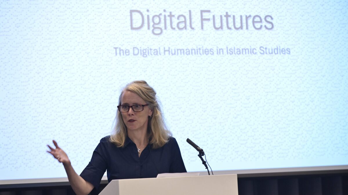 Professor Sarah Savant delivers the keynote lecture during the Digital Futures conference at the Aga Khan Centre, discussing Digital Humanities and Islamic Studies.