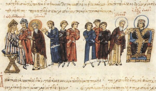 Madrid Skylitzes miniature of the 829 embassy between Theophilos and Caliph Al-Ma'mun