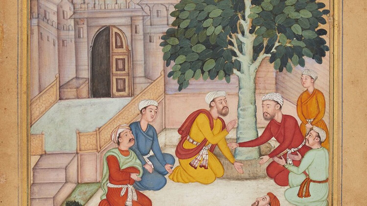 Persian miniature painting of eight seated figures in a walled courtyard, gathered in discussion beneath a large tree.