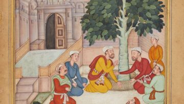 Persian miniature painting of eight seated figures in a walled courtyard, gathered in discussion beneath a large tree.