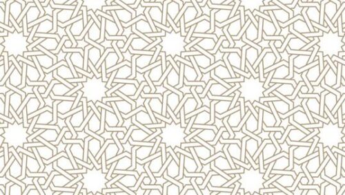 Interlaced gold geometric star pattern on a white background.