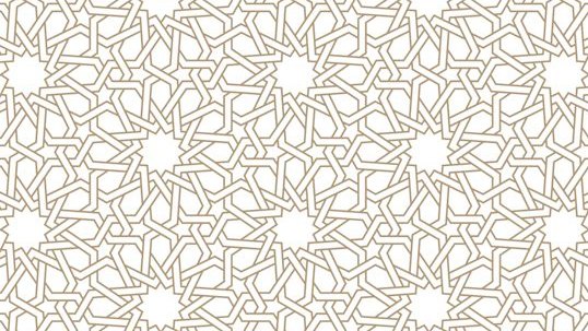 Interlaced gold geometric star pattern on a white background.